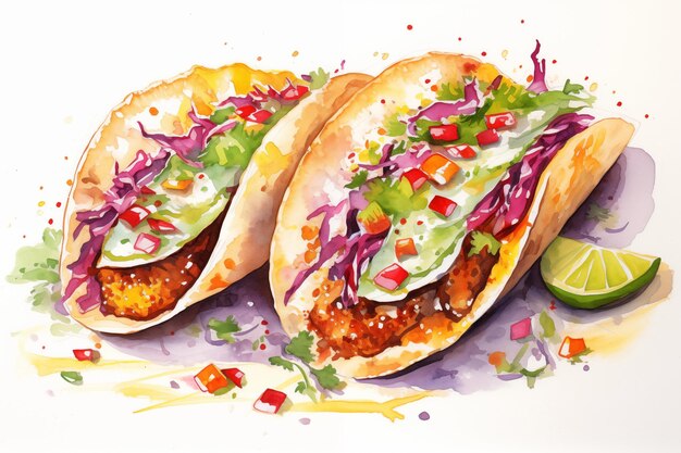 Akwarela meksykańskich tacos z mięsem i warzywami na białym tle