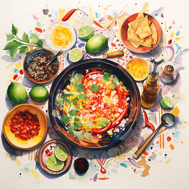 Zdjęcie akwarela meksykańskich warzyw i ilustracji żywności dla obchodów miesiąca dziedzictwa hiszpańskiego
