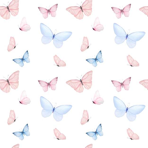 Zdjęcie akwarela minimalistyczny wzór delikatnych niebieskich i różowych motyli na białym tle