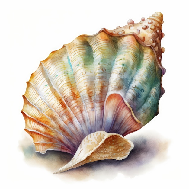 Akwarela muszla na białym tle Ocean Sea Shell rysunek imitacja abstrakcyjna generatywna ilustracja AI