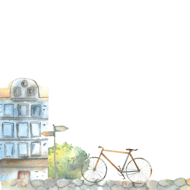 Akwarela na białym tle ilustracja ręcznie rysowane ulica dom chodnik rowerowy malowane akwarelą w prymitywnym stylu okna dachowe drzwi ściany wskaźnik budynek jazda na rowerze