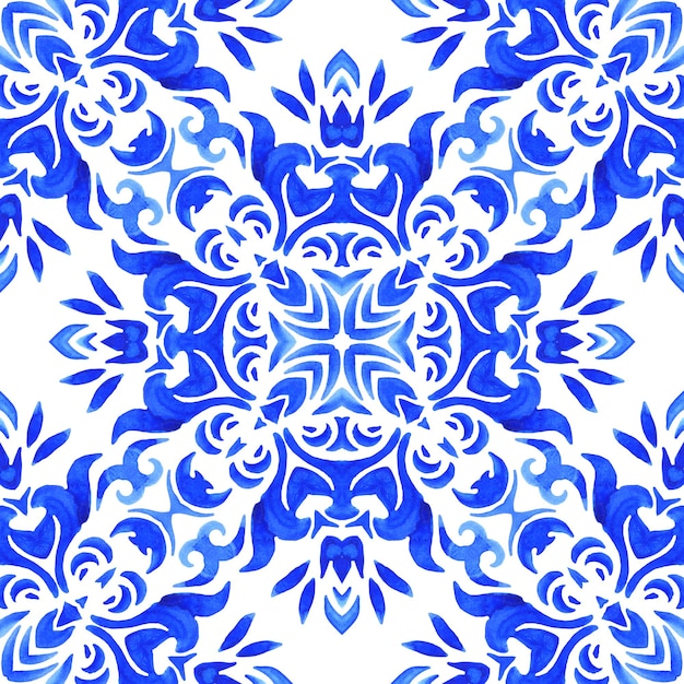 Akwarela niebieski adamaszku ręcznie rysowane projekt płytki ceramiczne. Wzór, ornament dachówka. Wspaniały śródziemnomorski wystrój ścian