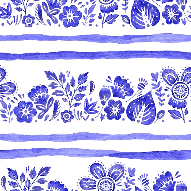 Zdjęcie akwarela niebieski ludowy kwiat kwiat bezszwykowy wzór etniczna tekstura sztuka ukraiński motyw