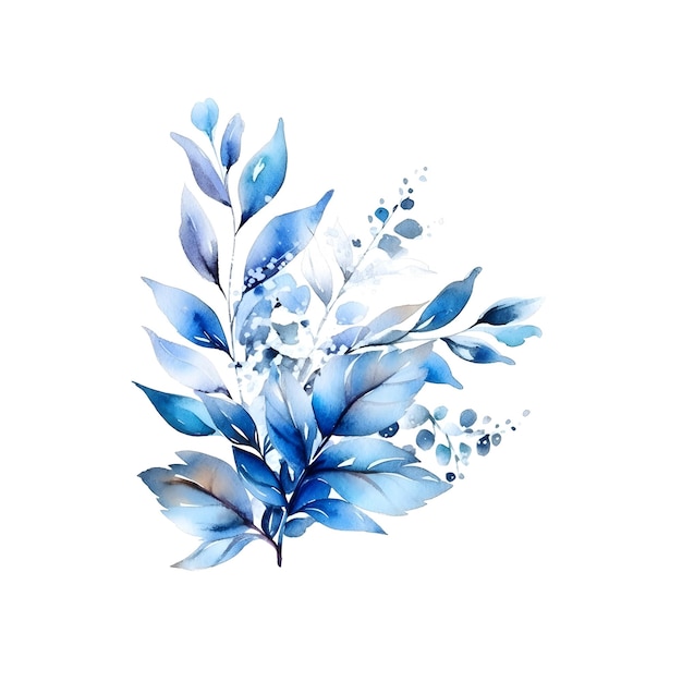 Akwarela niebieskich liści na białym tle
