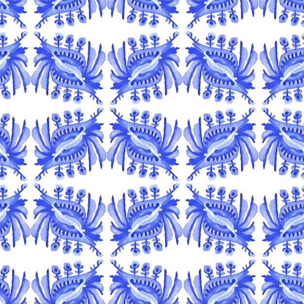 Akwarela niebieskie wzory w geometrycznym bezszwowym wzorze w stylu Gzhel 01