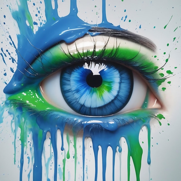 Akwarela niebieskiego oka z zielonymi i niebieskimi plamami farby Ai Generated