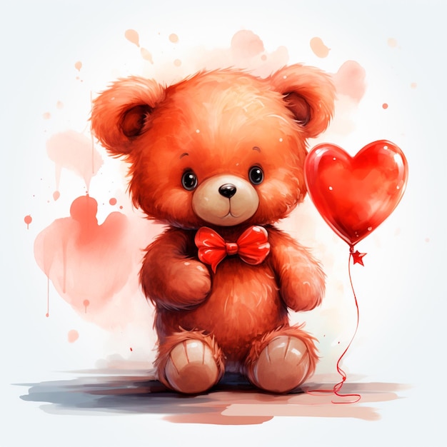 Akwarela niedźwiedź zabawka z czerwonym sercem Walentynki watercololr różowy i czerwony na białym tle generatywny AI