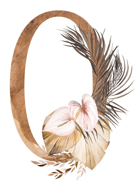 Akwarela numer 0 z tropikalnymi i bawełnianymi kwiatami, suszonymi liśćmi palmowymi i trawą pampasową, ilustracja cyganerii numer zero. Beżowy element do projektowania i rękodzieła ślubnego