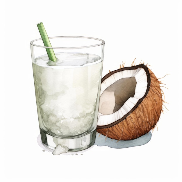 Zdjęcie akwarela odświeżającego napoju kokosowego z lodem