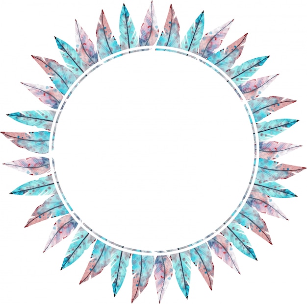 Akwarela okrągła rama wykonana z niebieskich i różowych piór. Akwarela ilustracja