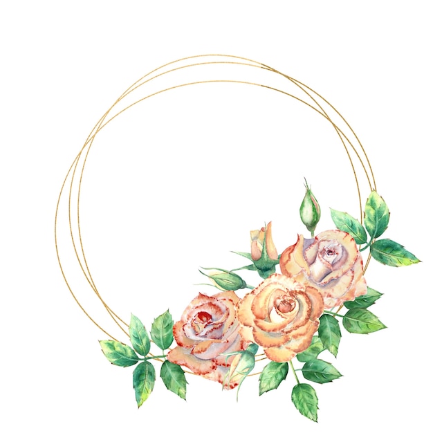 Akwarela okrągła ramka ozdobiona kwiatami róży brzoskwini