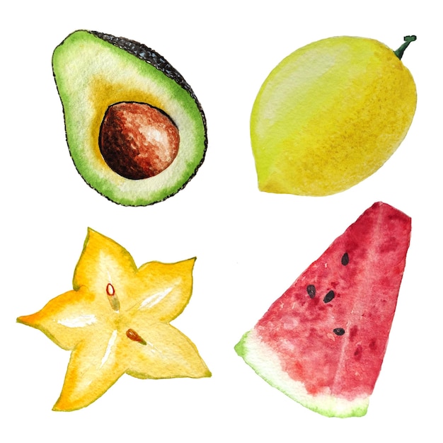 Akwarela owoce, awokado, cytryna, karambola i arbuz, na białym tle