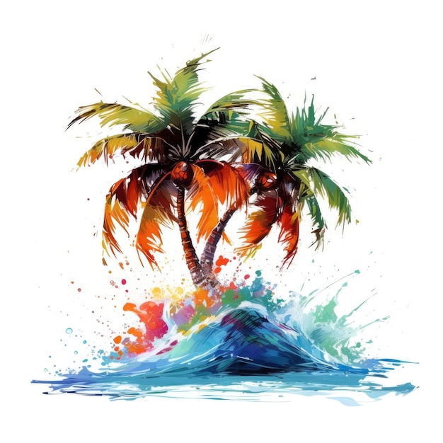 Akwarela palmy na plaży ilustracja do reklam w mediach społecznościowych, plakatów, banerów i projektów okładek książek