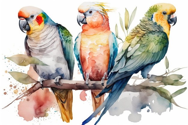 Akwarela papugi na białym tle ręcznie rysowane papugi nimfy