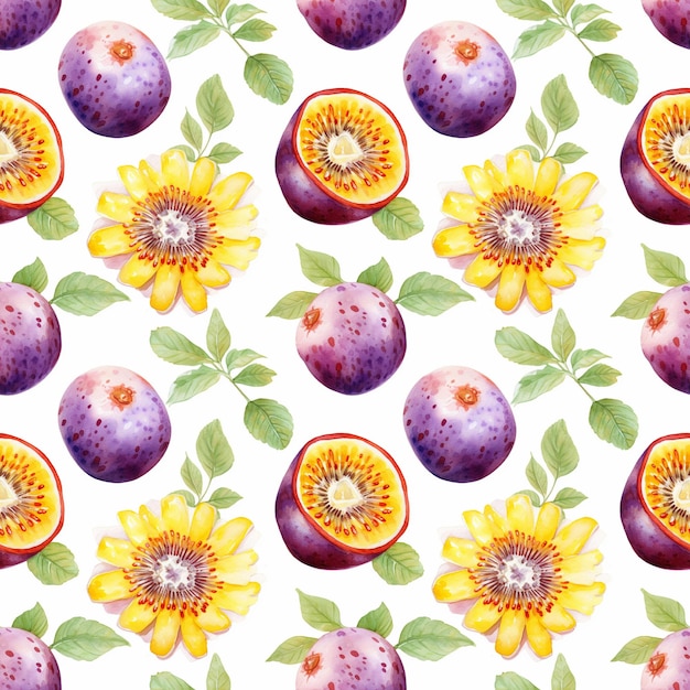 Akwarela Passion Fruit Seamless Pattern Akwarela Dojrzała Passiflora Kreatywna Akwarela Maracuya Płytka Świeża Passionfruit Akwarela Rysowanie Grenadille Generatywna Ilustracja AI