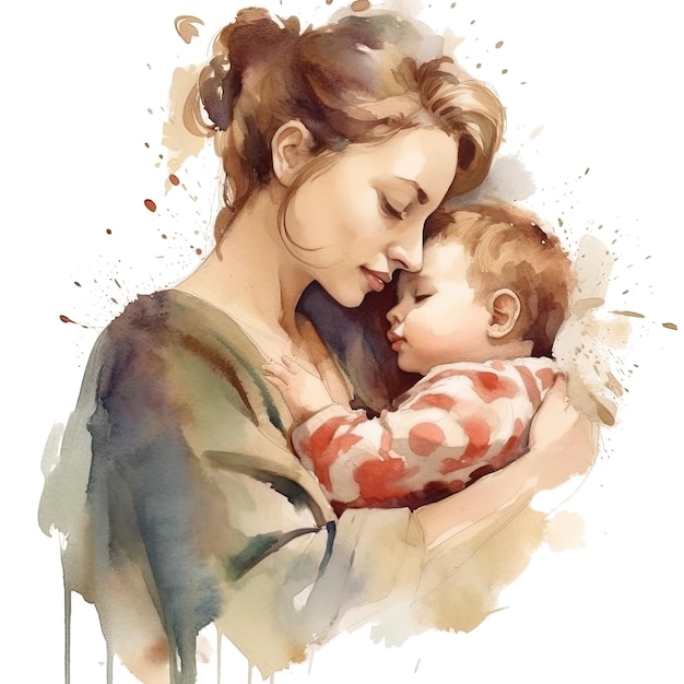 Akwarela piękna sylwetka matka trzymająca dziecko w ręku na przezroczystym tle generatywny Ai