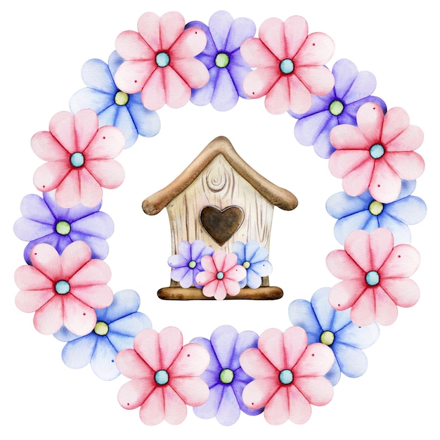 Zdjęcie akwarela piękny bajkowy zestaw z różowymi kwiatami i domową odosobnioną ilustracją