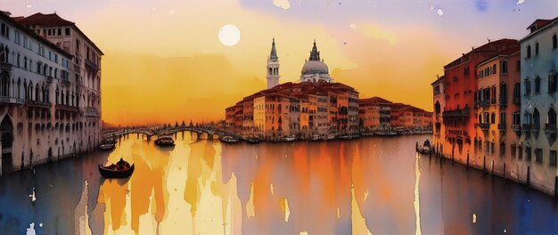 Akwarela pocztówka Wenecja widok na kanał grande i bazylikę Gondole i wyspę San Giorgio Maggiore