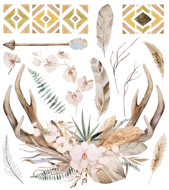 Akwarela poroża jelenia z tropikalnymi liśćmi i bukietem kwiatów ilustracja Boho Wedding