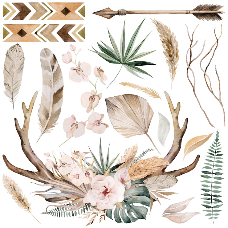 Zdjęcie akwarela poroża jelenia z tropikalnymi liśćmi i bukietem kwiatów ilustracja boho wedding