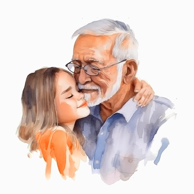 Akwarela portret dziadka i jego wnuczki.
