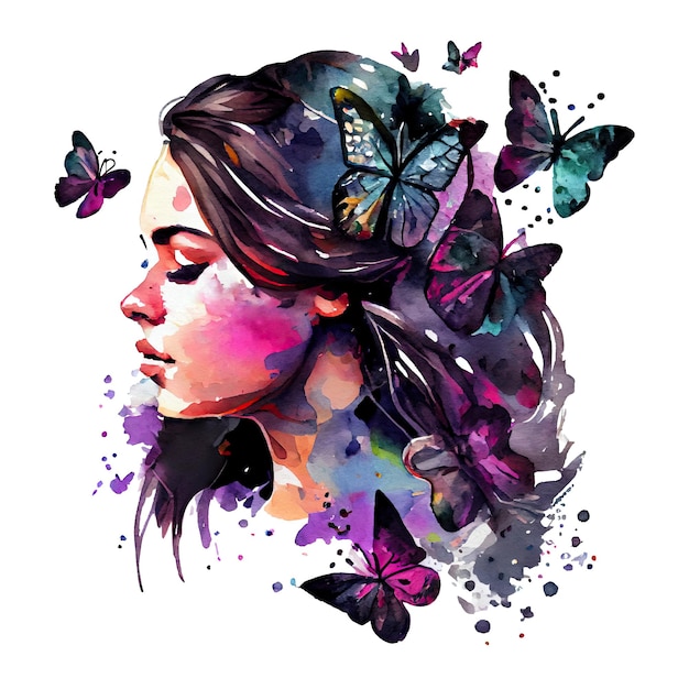 Akwarela portret kobiety dziewczyna i ilustracja motyle Generative AI