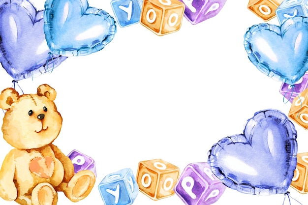 akwarela pozioma ramka dziecka temat z pluszowym niedźwiedziem wielokolorowe drewniane kostki zabawki z literami różne balony z folii powietrznej niebieski beżowy i fioletowy kolor izolowany na białym tle