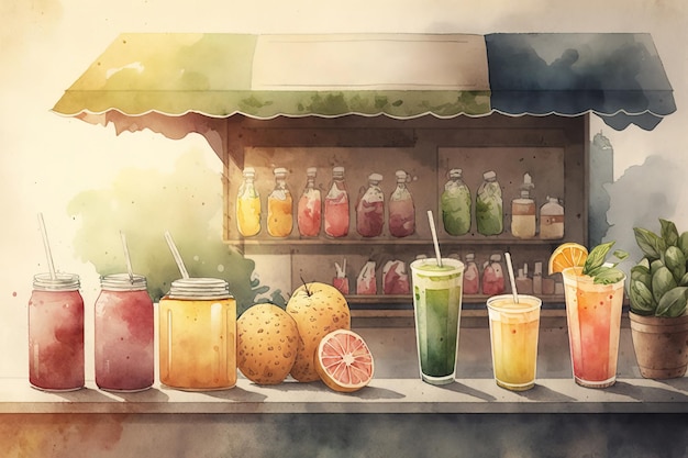 Akwarela przedstawiająca bar z sokami owocowymi.