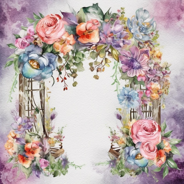 Akwarela przedstawiająca bramę ogrodową z kwiatami i różowym i niebieskim tłem.