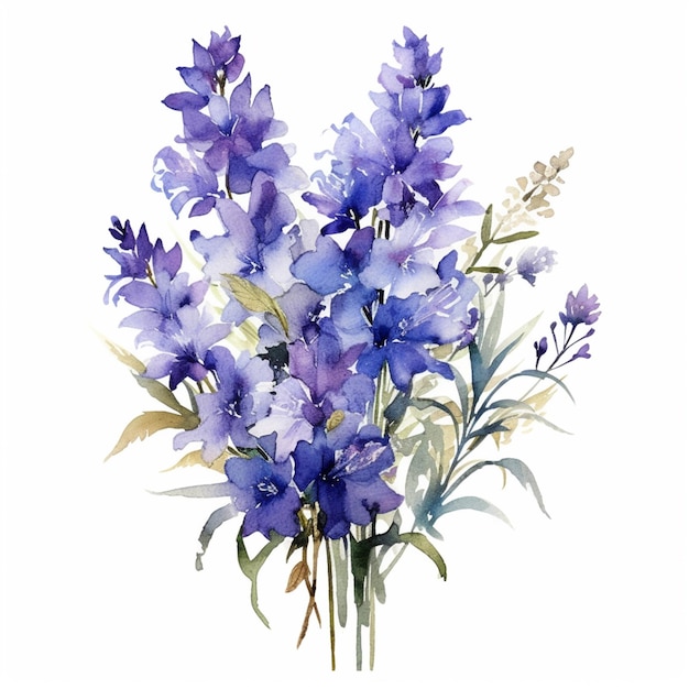 Akwarela przedstawiająca bukiet kwiatów z niebieskimi kwiatami.