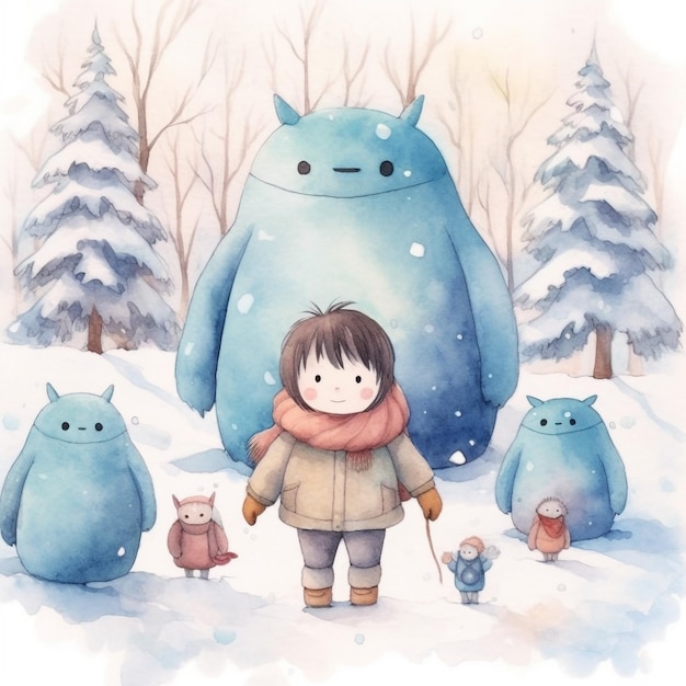 Akwarela przedstawiająca chłopca i dwa niebieskie potwory na śniegu.