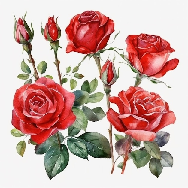 Akwarela przedstawiająca czerwone róże z zielonymi liśćmi