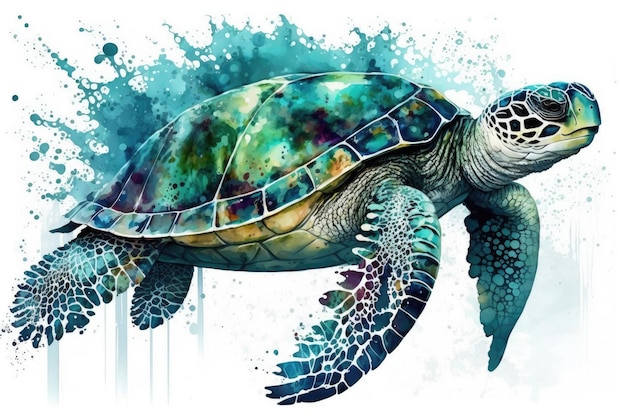 Akwarela przedstawiająca dużego żółwia morskiego