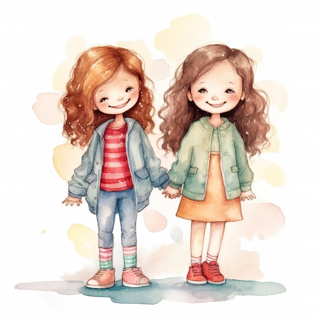 Akwarela przedstawiająca dwie dziewczyny trzymające się za ręce