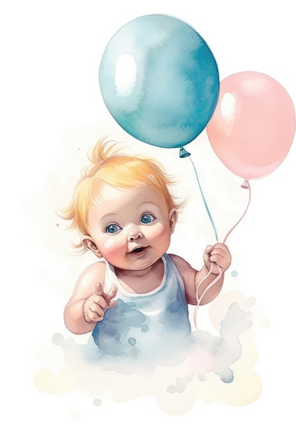 Akwarela przedstawiająca dziecko z balonami