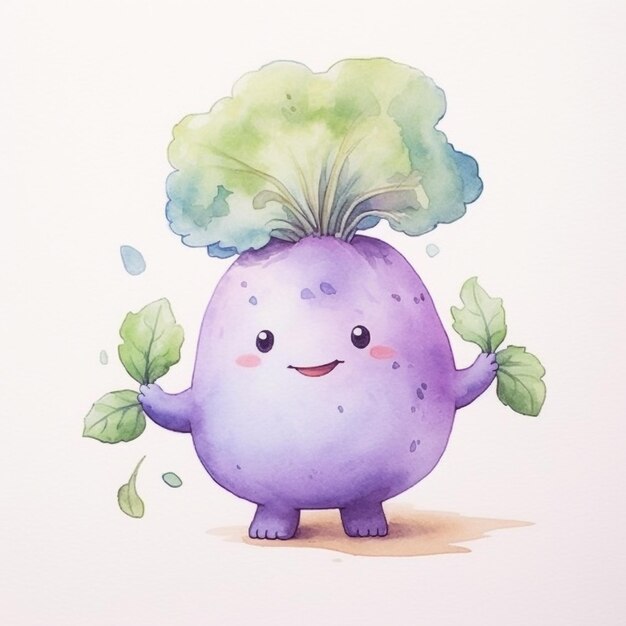 Akwarela przedstawiająca fioletowe warzywo z uśmiechniętą twarzą.