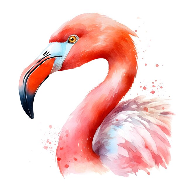 Akwarela przedstawiająca flaminga z długim dziobem.
