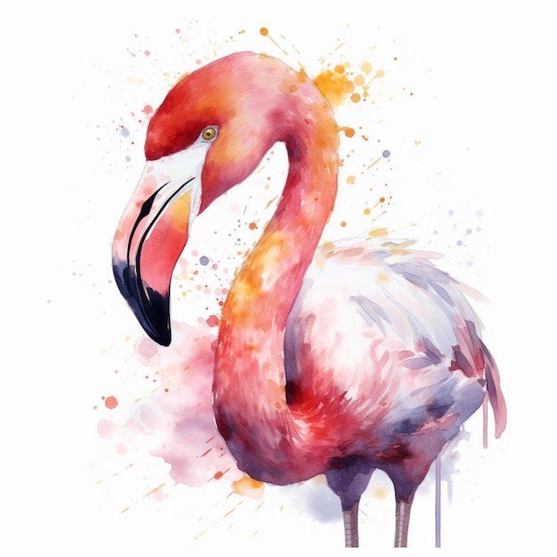 Akwarela przedstawiająca flaminga z dużym dziobem.