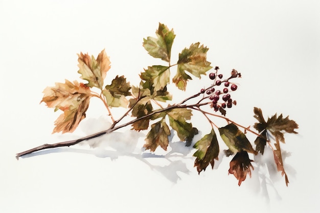 Akwarela przedstawiająca gałąź z liśćmi i jagodami.