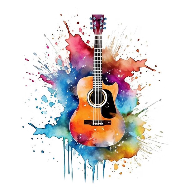 Akwarela przedstawiająca gitarę na białym tle generatywnego obrazu ai