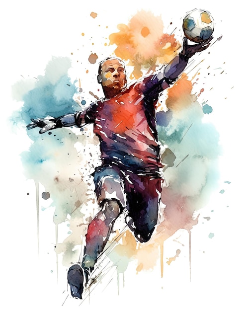 Akwarela przedstawiająca gracza w czerwonej koszulce skaczącego, by złapać piłkę.