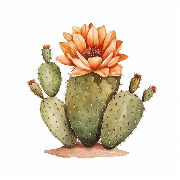 Akwarela przedstawiająca kaktusa z kwiatem pośrodku.