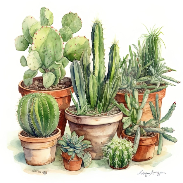 Akwarela przedstawiająca kilka różnych rodzajów kaktusów.
