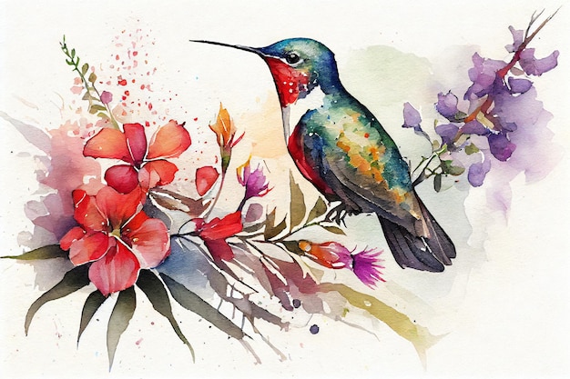 Akwarela przedstawiająca kolibra na gałązce kwiatów.