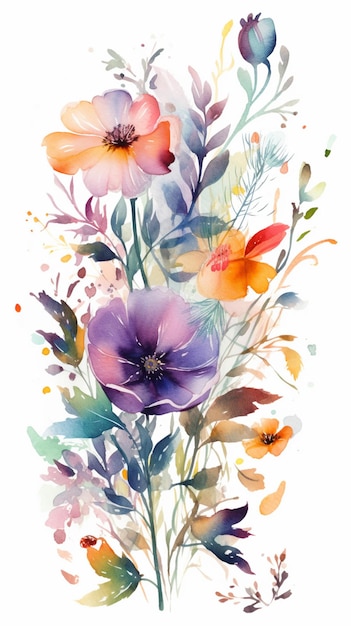 Akwarela przedstawiająca kolorową kompozycję kwiatową.