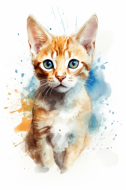 Akwarela przedstawiająca kota o niebieskich oczach.