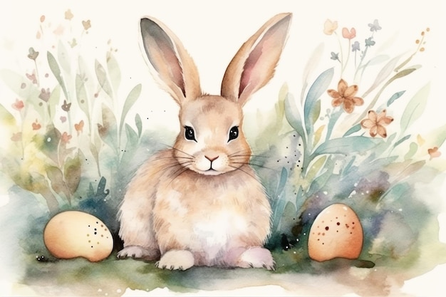 Akwarela przedstawiająca króliczka z jajkami w trawie.