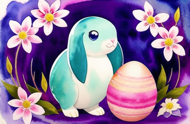Akwarela przedstawiająca królika wielkanocnego i jajka w naturze Wesołych świąt wielkanocnych AI wygenerowana