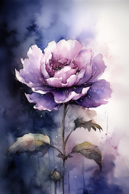 Zdjęcie akwarela przedstawiająca kwiat z fioletowymi płatkami