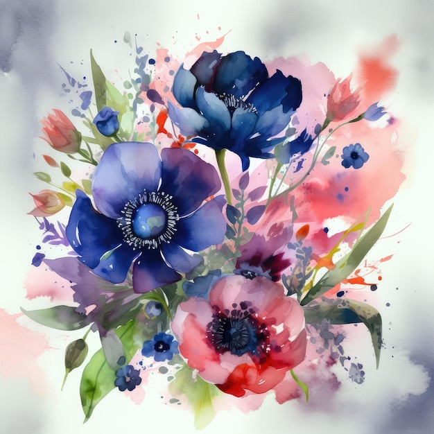 Akwarela przedstawiająca kwiaty z niebieskimi i fioletowymi kwiatami.
